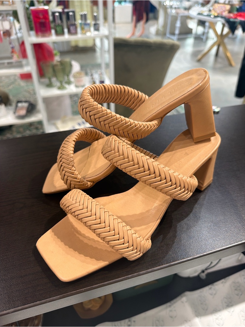Braided Strap Tan Block Heel Sandals